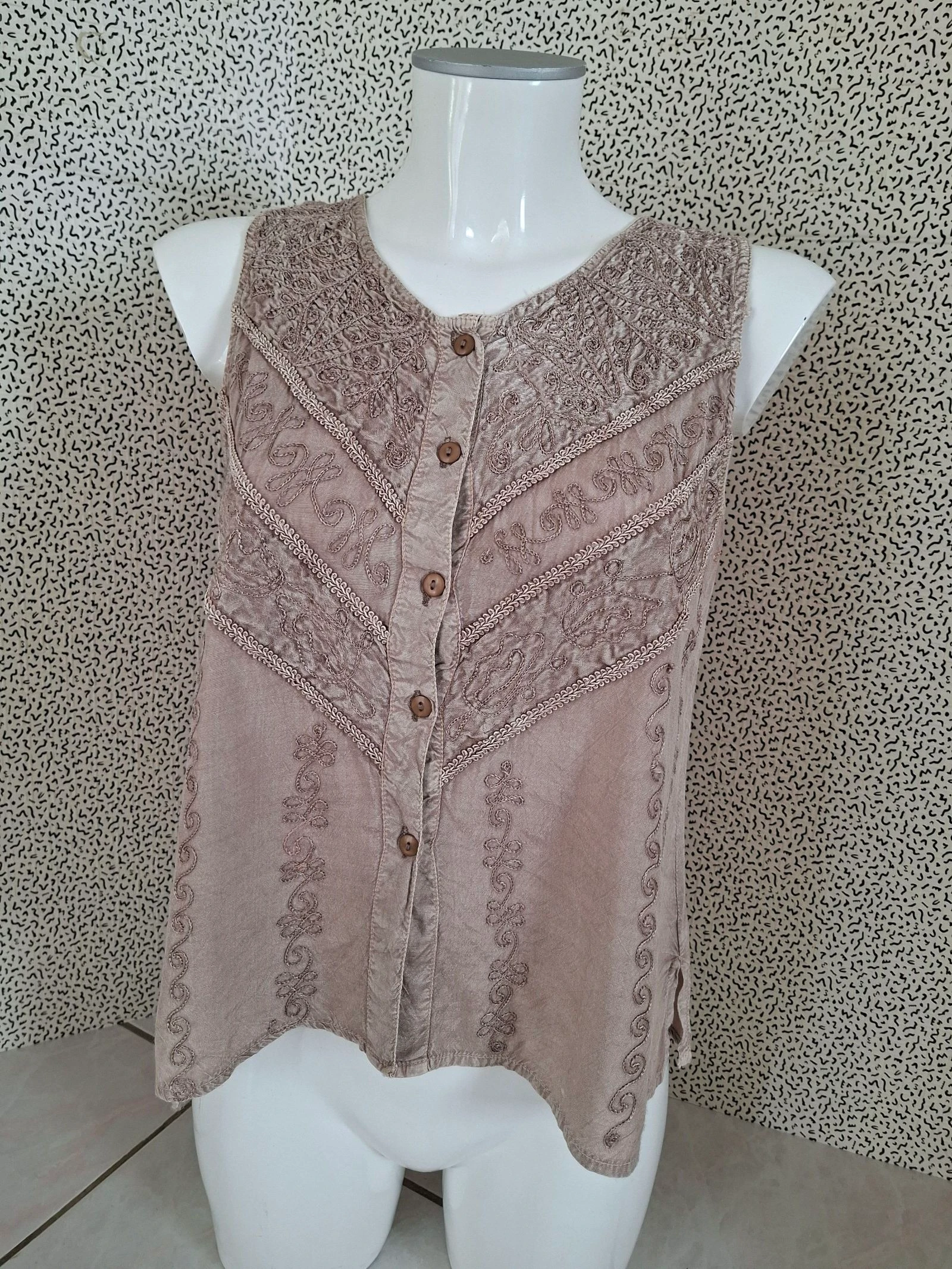 Blouse sans manches femme bohème brodée beige taupe 100% viscose T1 S 36/38 vintage